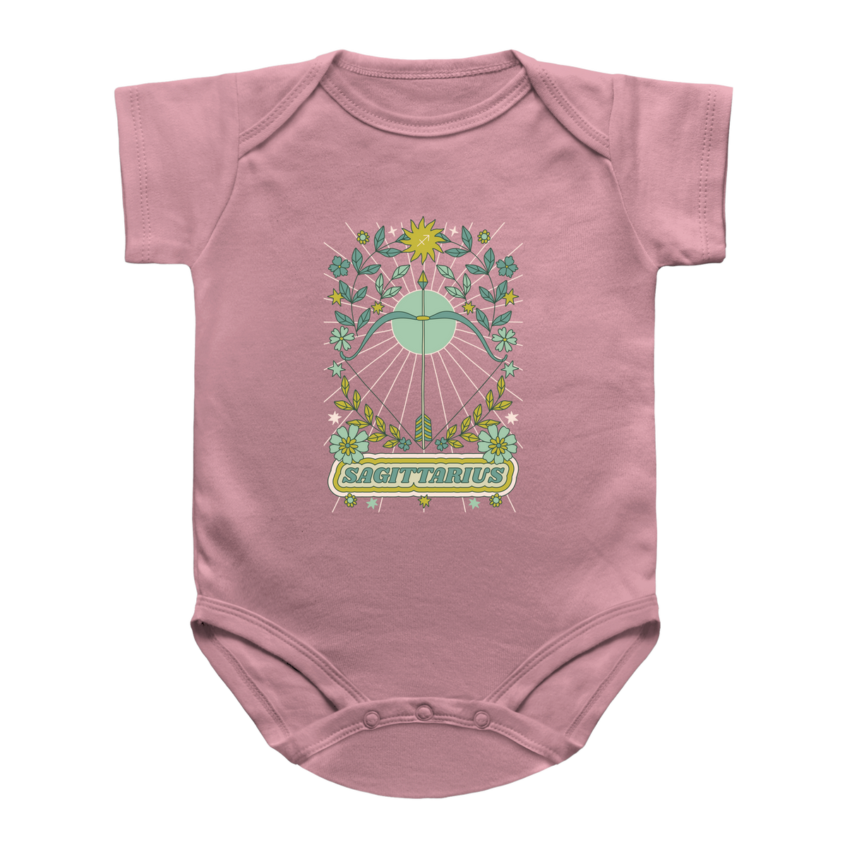 A pink infant onesie featuring a Sagittarius astrological graphic on the chest, displayed against a solid white background.