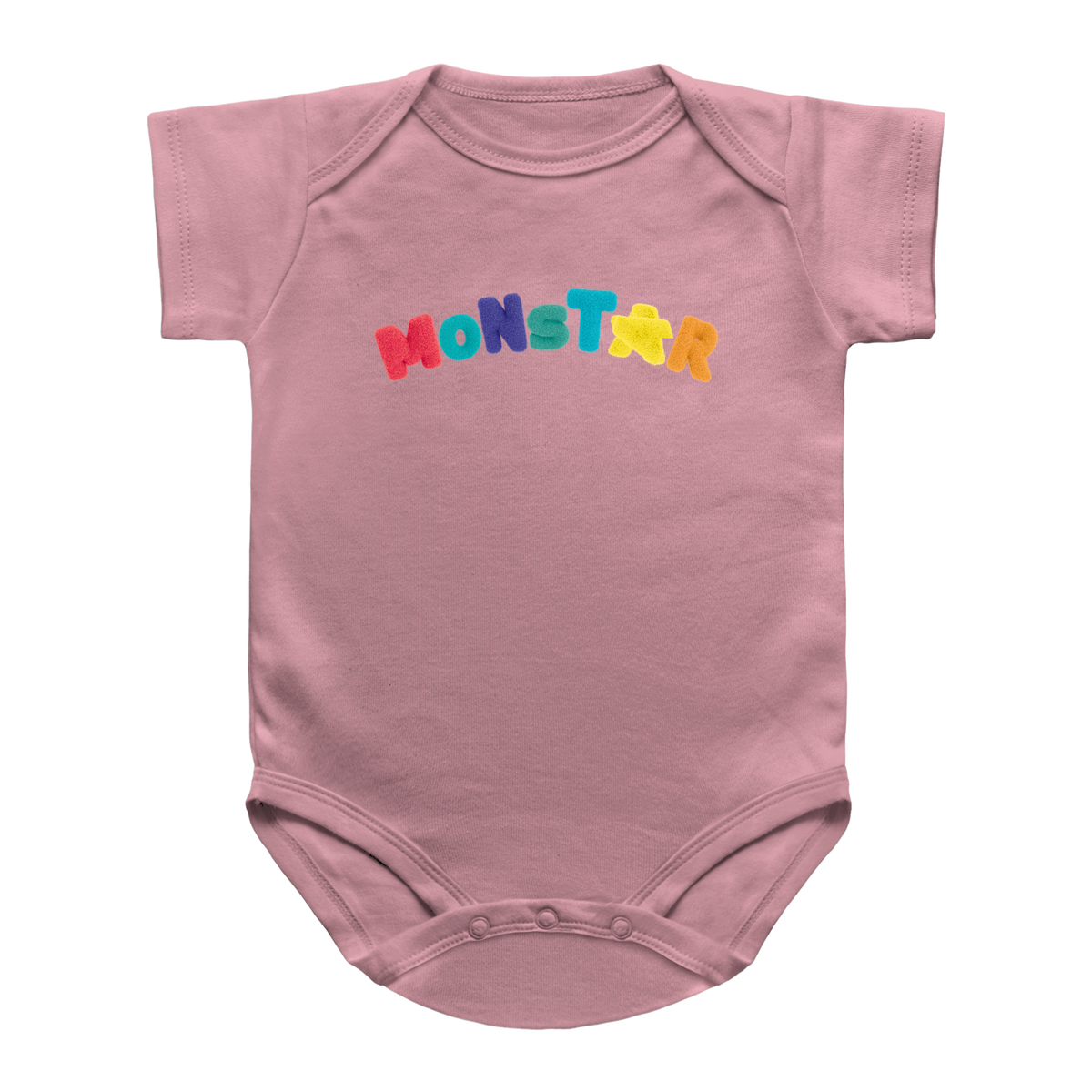 A pink infant bodysuit with the word &