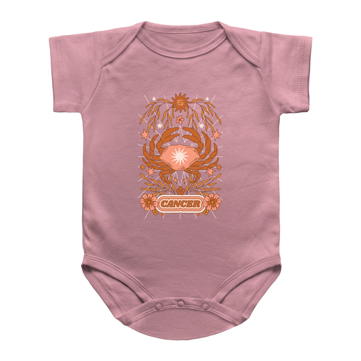 A pink baby infant bodysuit featuring a tarot style orange and pink crab graphic with the word &