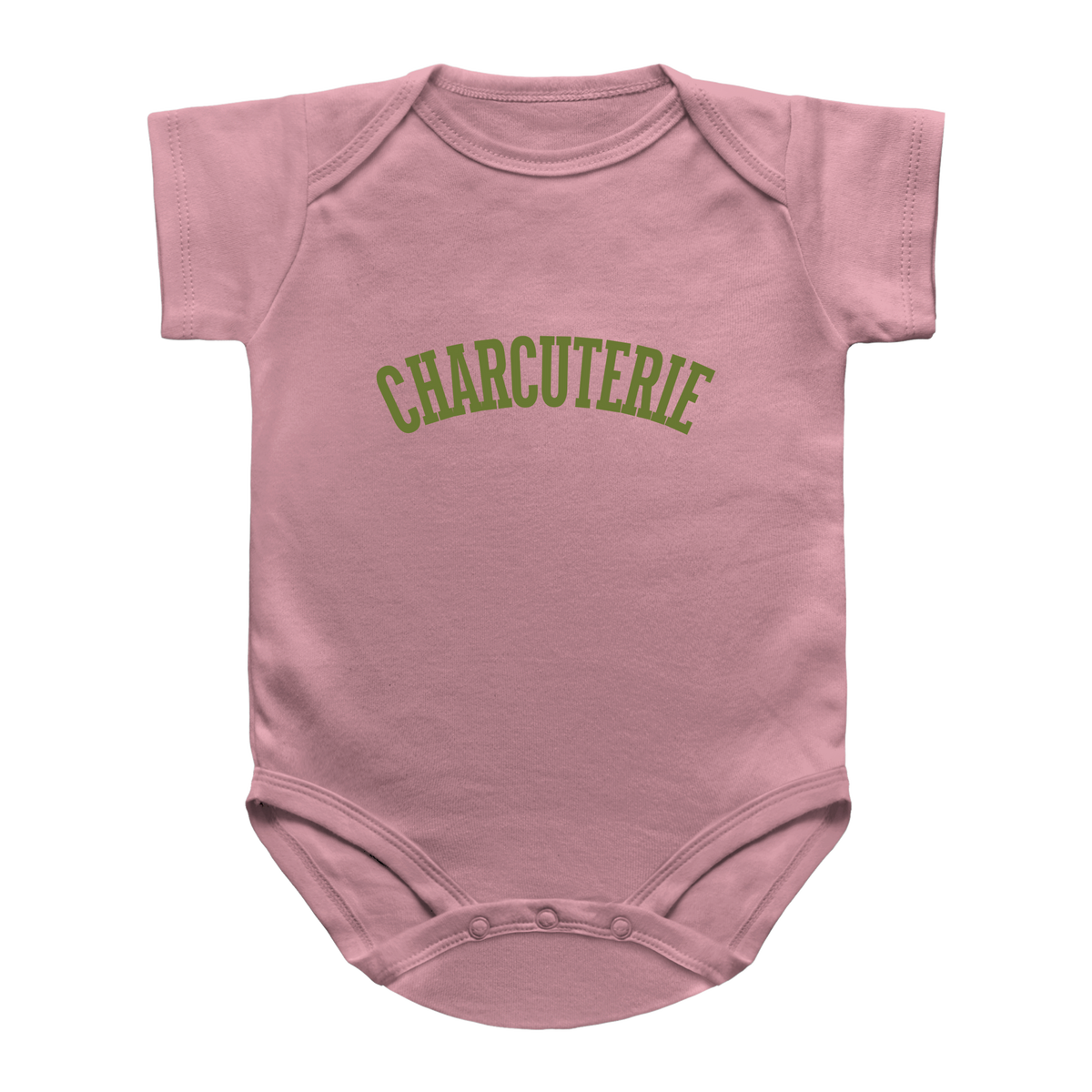 A pink short-sleeve infant onesie with &