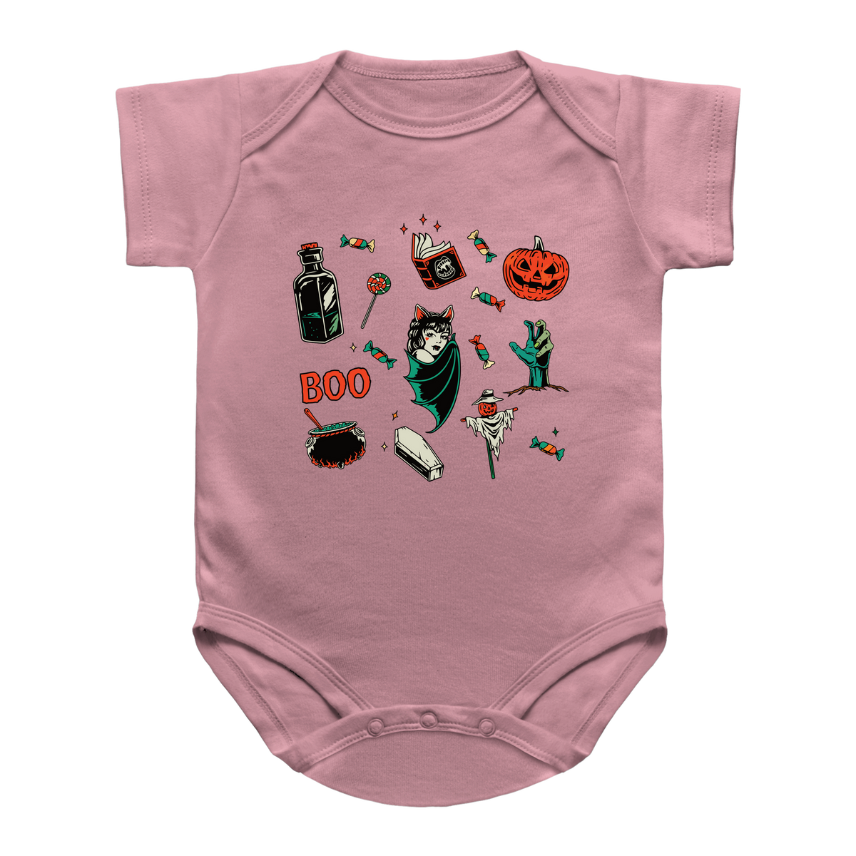 A pink short-sleeve baby onesie with various Halloween-themed graphics of a jack-o&