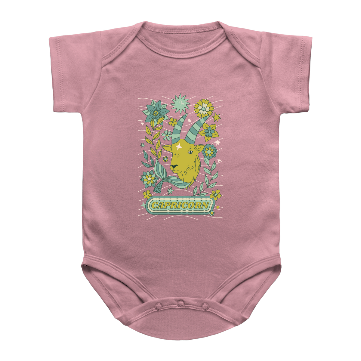 A pink short-sleeve baby bodysuit featuring a Capricorn astrology goat surrounded by tarot flowers, with the word &