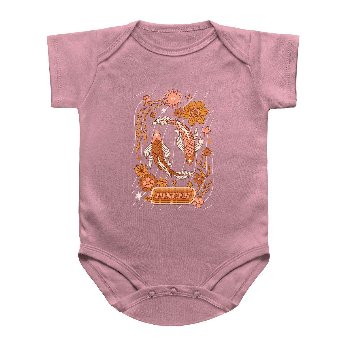A pink infant onesie Pisces zodiac graphic on the chest with koi fish, flowers, and the word &