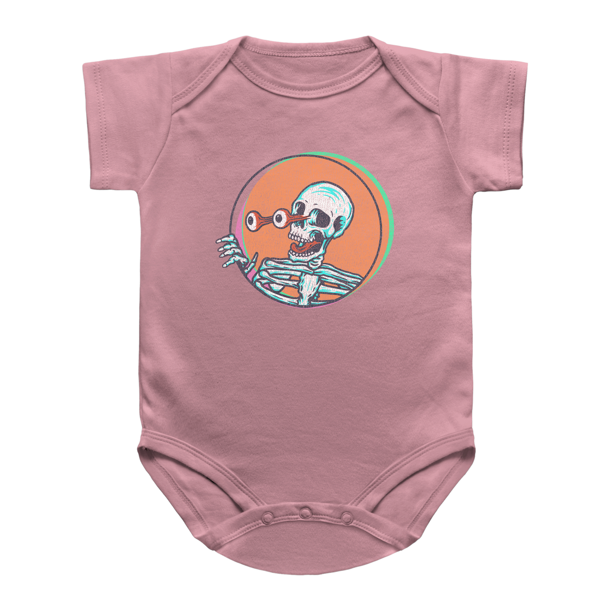 A pink short-sleeve infant bodysuit featuring a Halloween skeleton graphic.