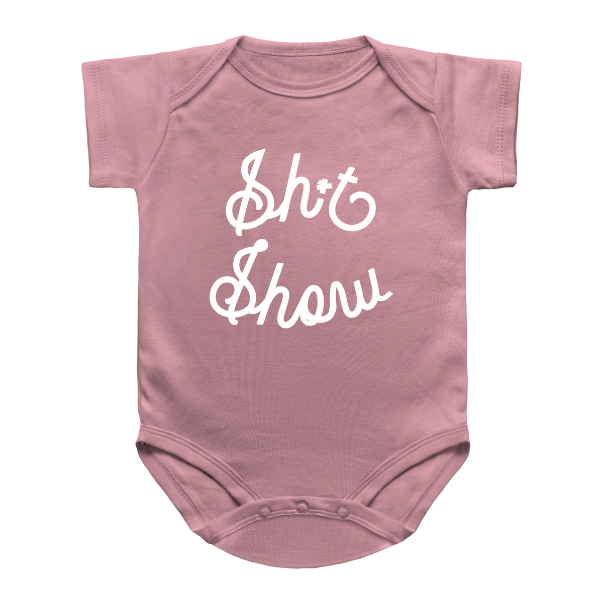 A pink short-sleeve infant onesie bodysuit with the phrase &