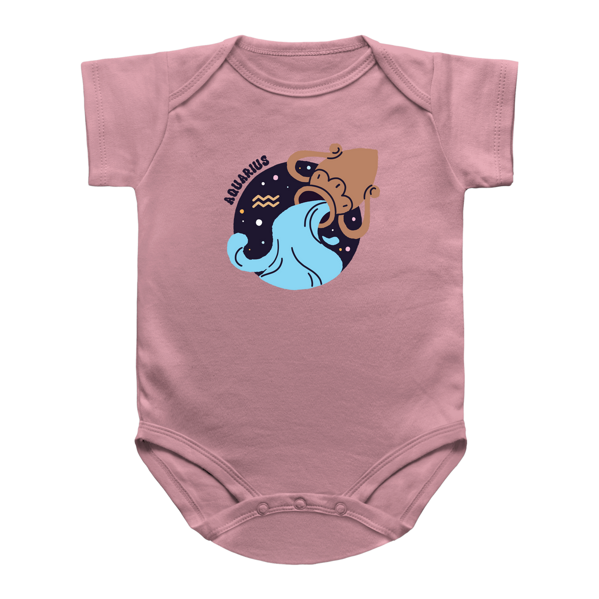 A pink baby infant bodysuit featuring a central graphic of an pitcher with the word Aquarius on a white background.