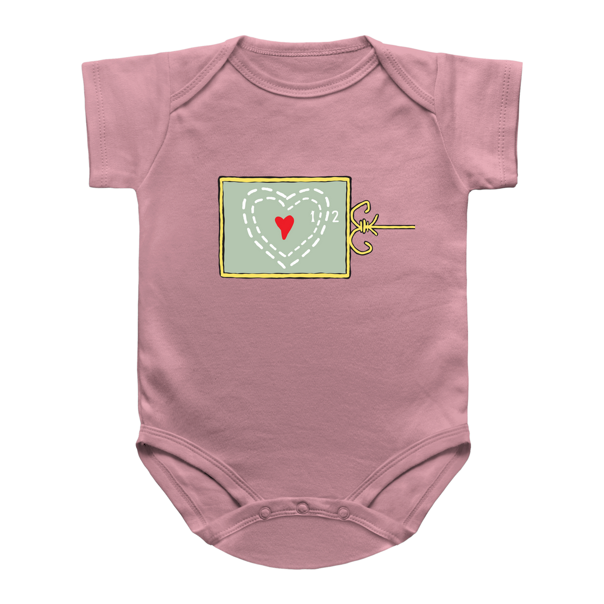A Christmas pink short-sleeve infant onesie featuring a graphic of the Grinch heart growing.