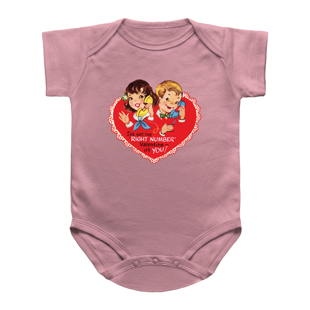 A pink infant onesie featuring a retro-style red heart graphic on the chest with cartoon characters and the text &