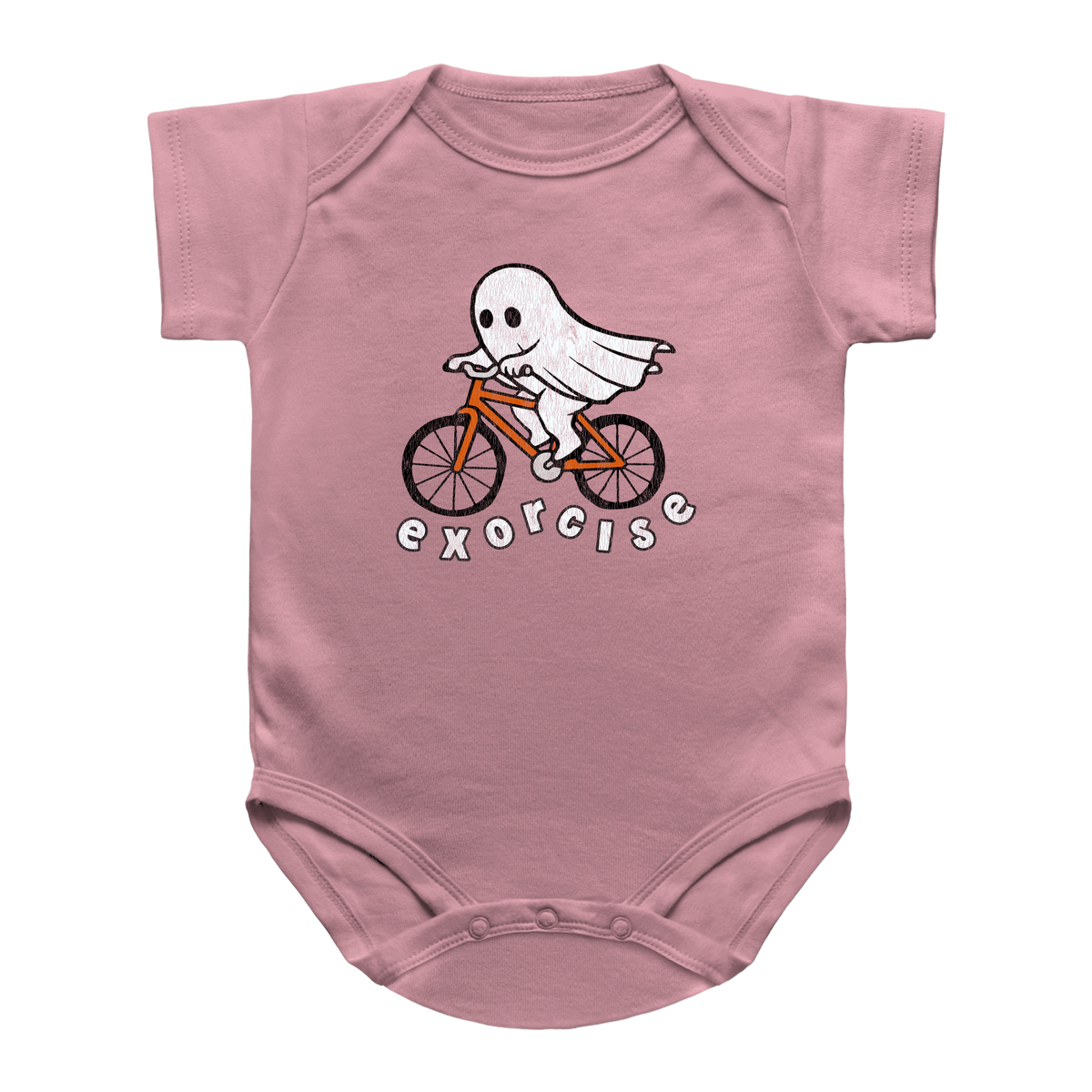 A pink short-sleeve baby onesie featuring a cartoon ghost riding a bicycle with the word &
