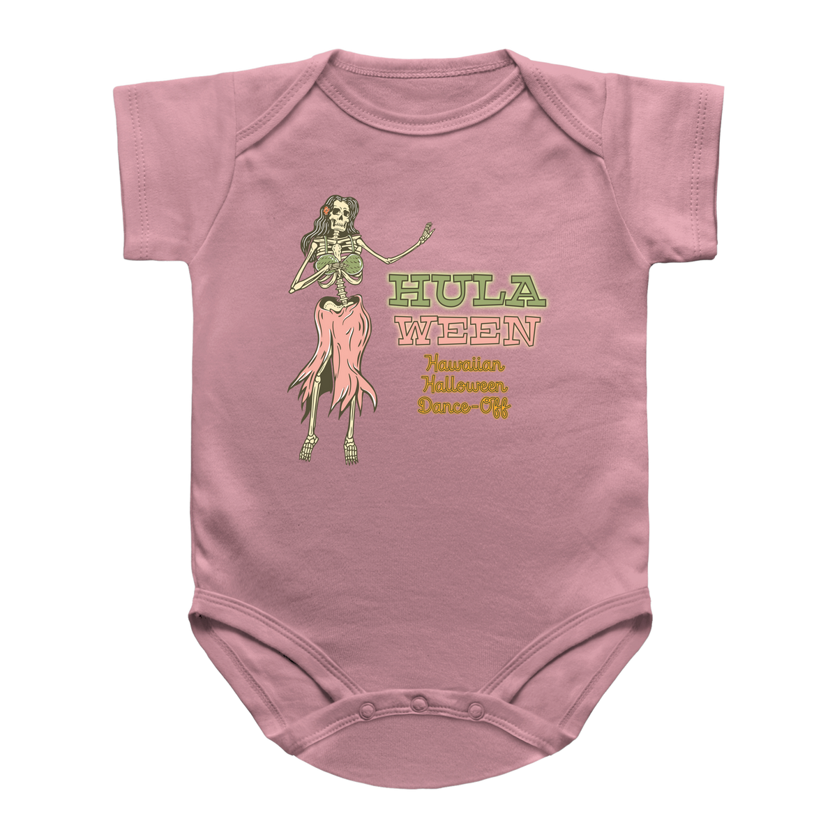 A pink infant onesie featuring a graphic of a skeleton hula dancer with the text &