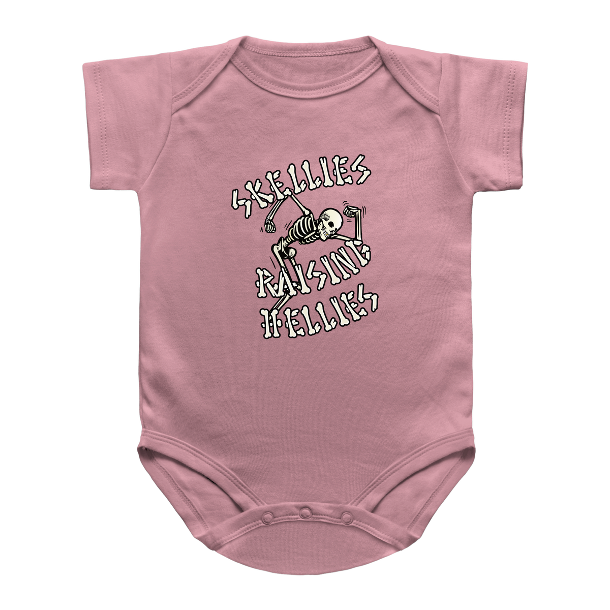 Pink short-sleeve infant onesie with a graphic print on the chest featuring a skeleton and the text &