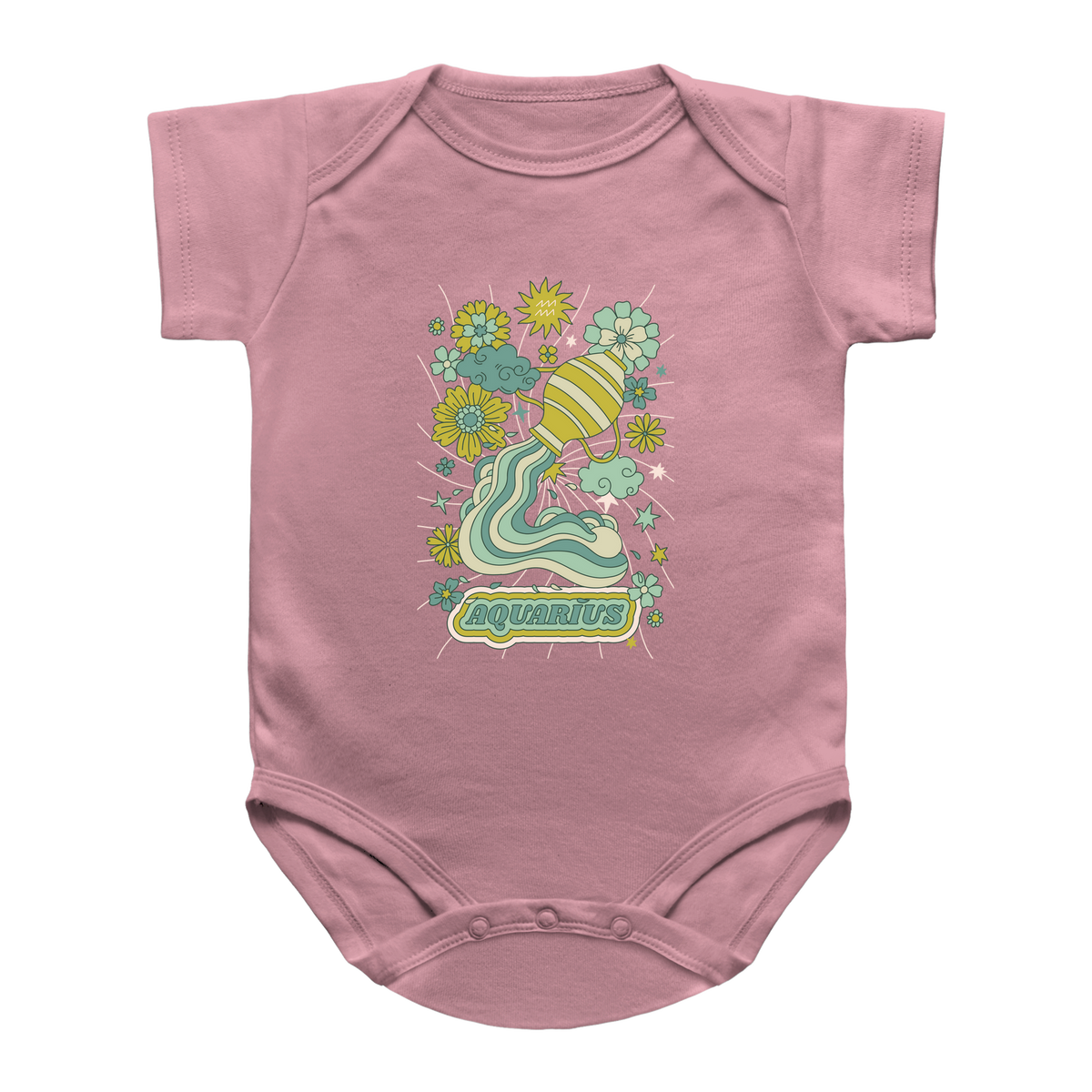 A pink short-sleeve baby infant onesie featuring a colorful retro graphic of an Aquarius zodiac sign surrounded by flowers.