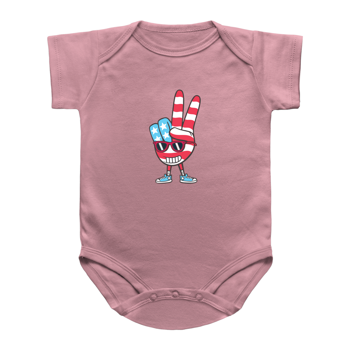 A pink short-sleeve 4th of July baby bodysuit featuring a cartoon graphic of a hand making a peace sign with red and white stripes and blue accents, set against a plain white background.