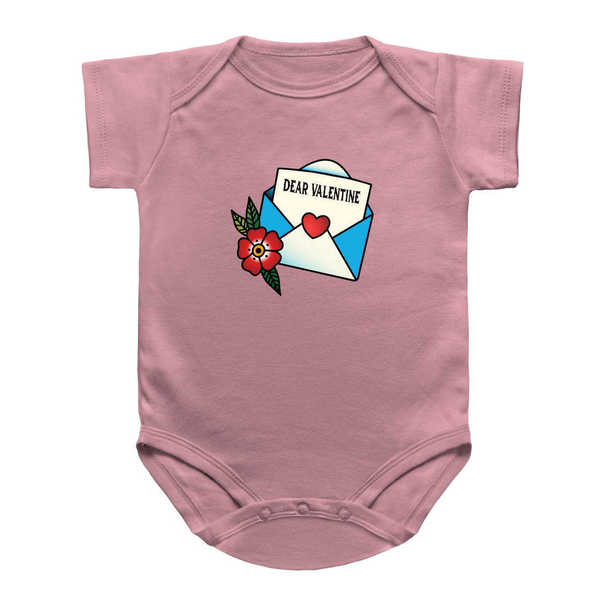 A pink short-sleeve baby bodysuit featuring a graphic print of a red flower, a blue and white envelope, and a Valentine&