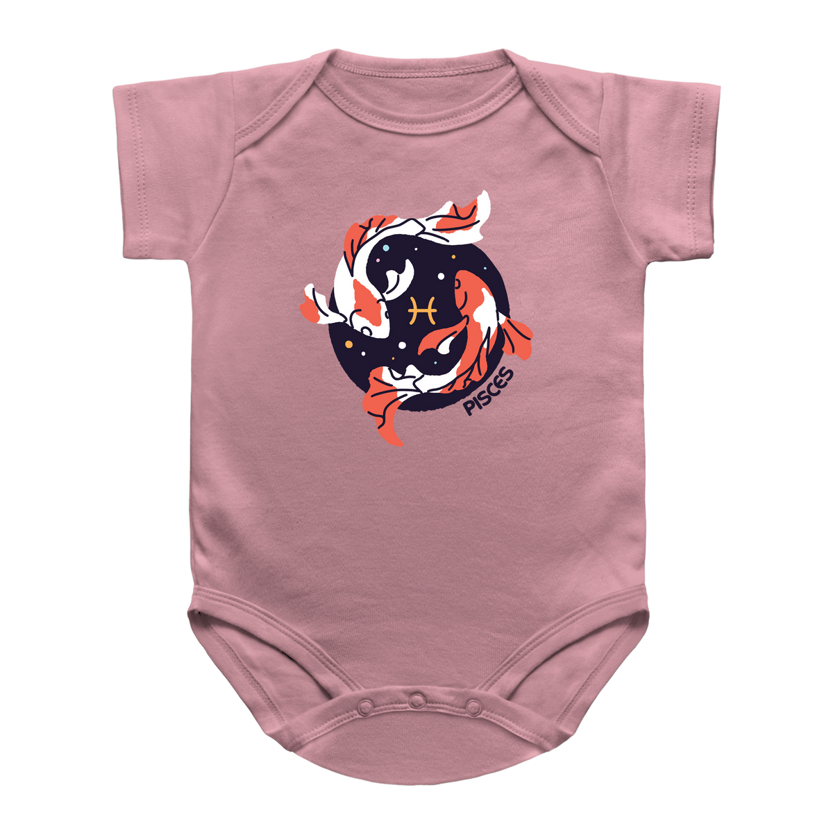 A dusty pink infant bodysuit featuring a Pisces zodiac graphic on the chest. The graphic depicts two koi fish in orange, white, and black around a dark blue circle with a gold star and the word &