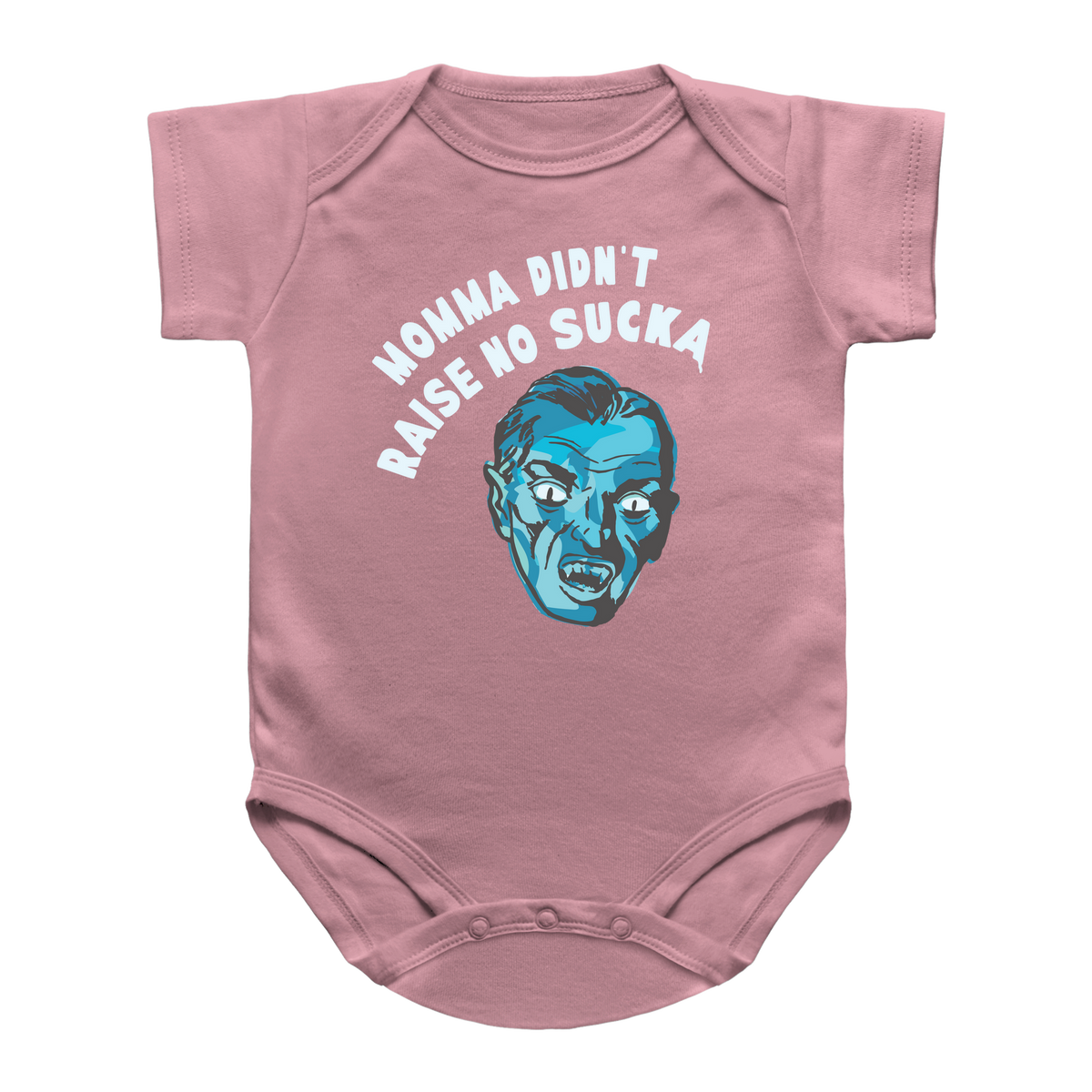 A pink Halloween short-sleeve baby bodysuit featuring a graphic of a vampire that reads &