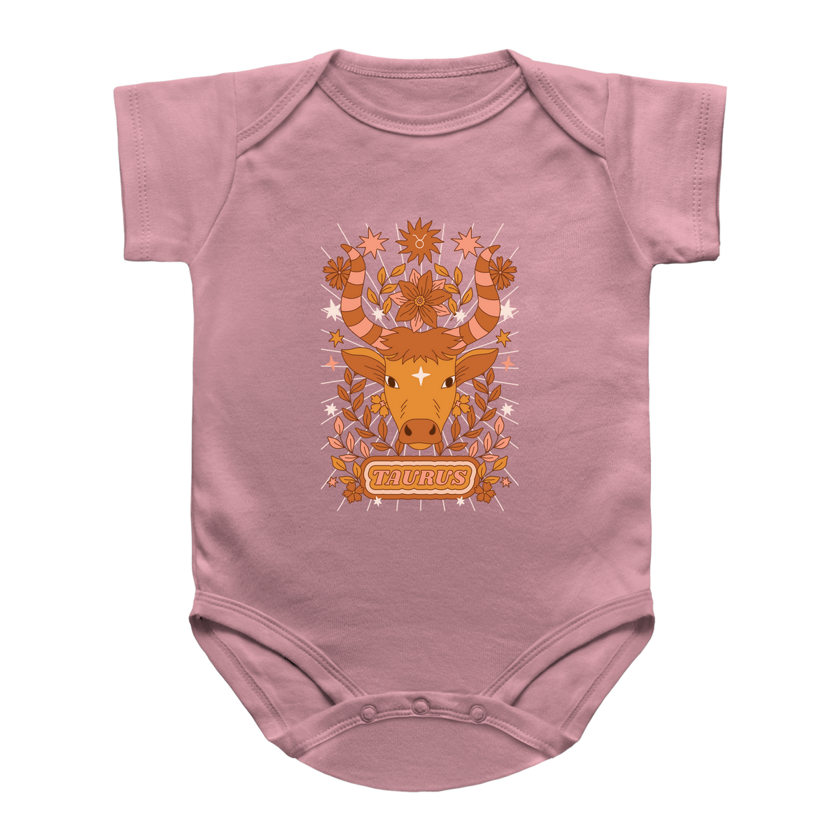 A pink baby bodysuit featuring a central graphic of a Taurus zodiac sign with a bull&