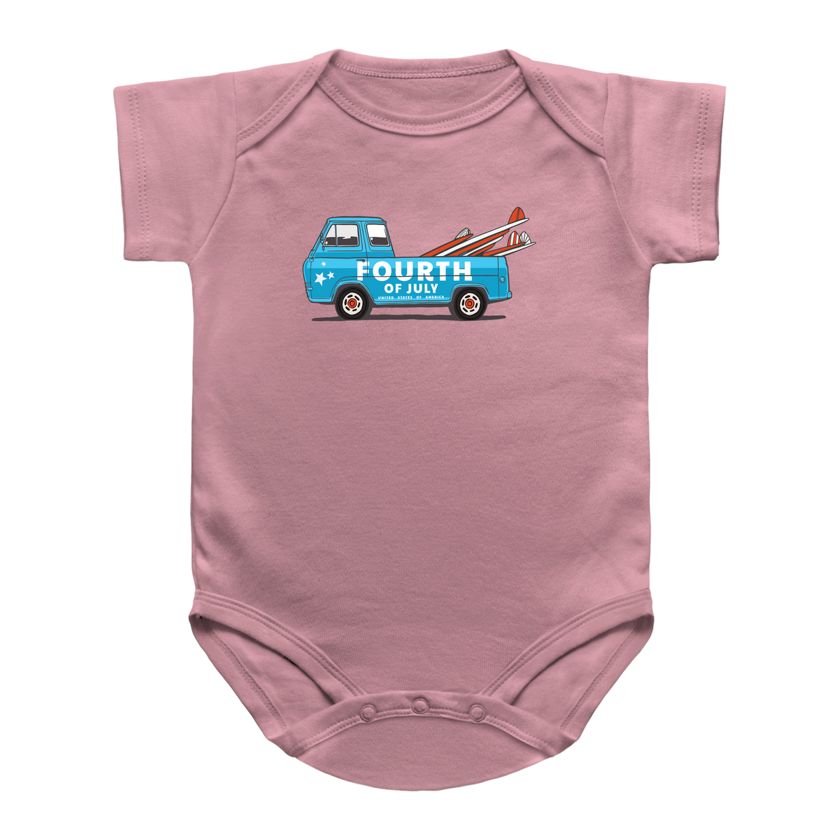 A pink short-sleeve infant bodysuit featuring a graphic of a blue surf truck carrying red and white surfboards with the text &