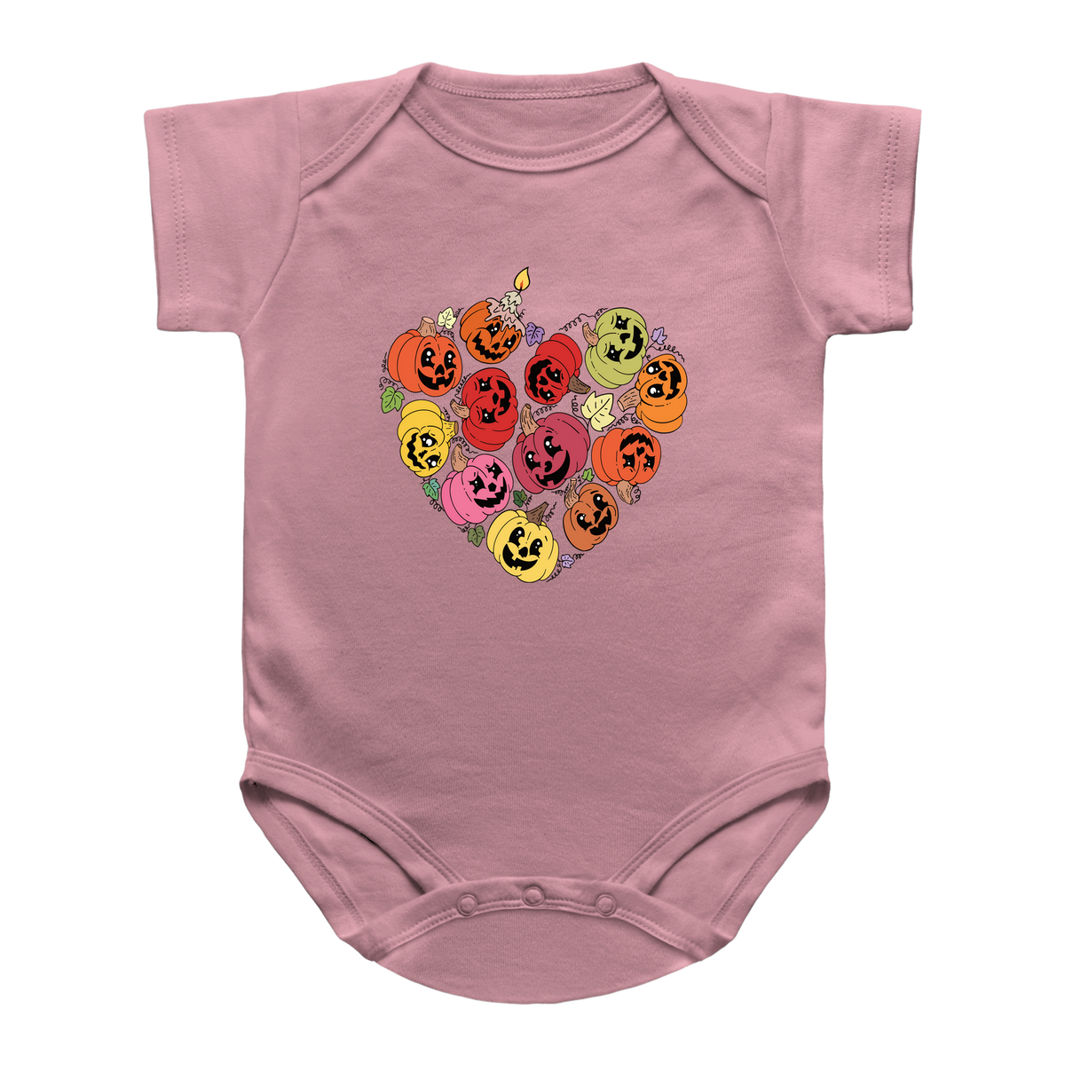 A pink infant onesie with a heart-shaped graphic of Halloween jack-o&