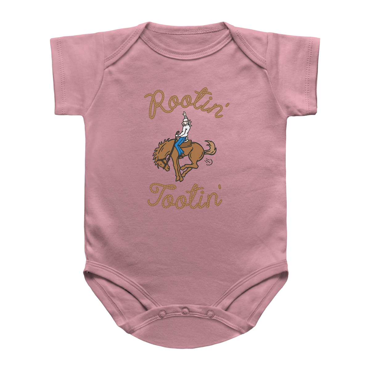 A pink short-sleeve baby onesie with a graphic of a cowboy riding a bucking horse, farting and the words Rootin&