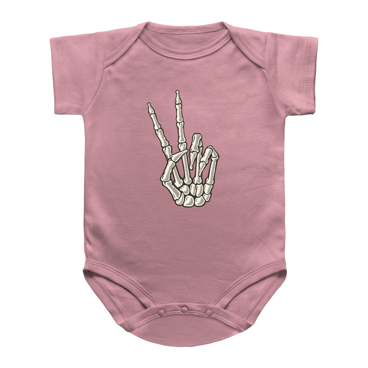 A pink short-sleeve infant onesie featuring a skeleton hand graphic making a peace sign on the chest.