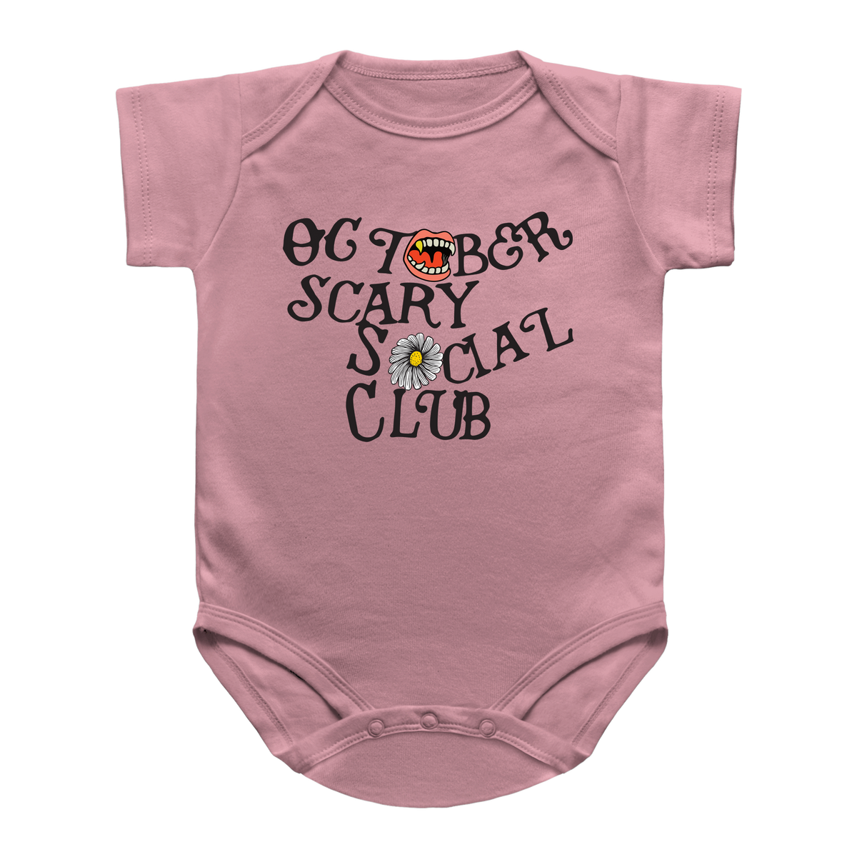 A Halloween pink baby onesie featuring a print on the front that reads &