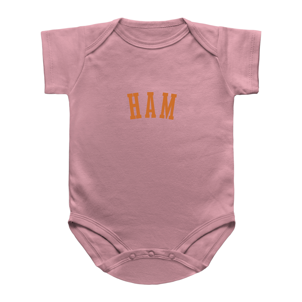 A pink short sleeve baby snapsuit with the phrase Ham dedicated to the Thanksgiving holiday.l