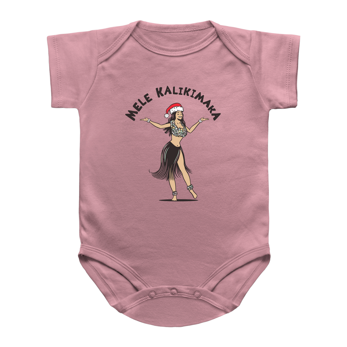 A pink short-sleeve infant onesie featuring a graphic of a hula dancer with the text &