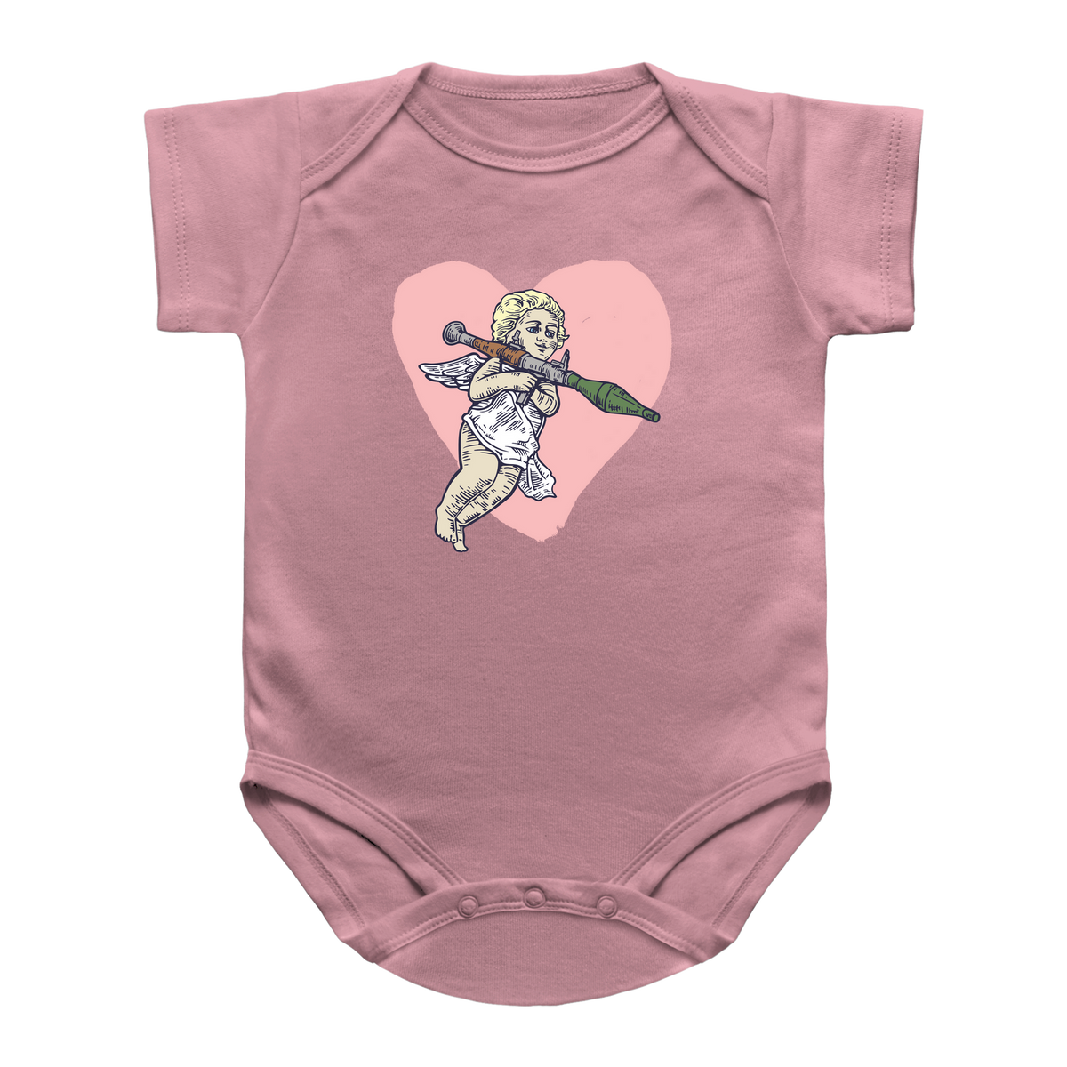 A pink short-sleeve baby bodysuit featuring a graphic print of a cartoon cupid with a bow and arrow for Valentine&