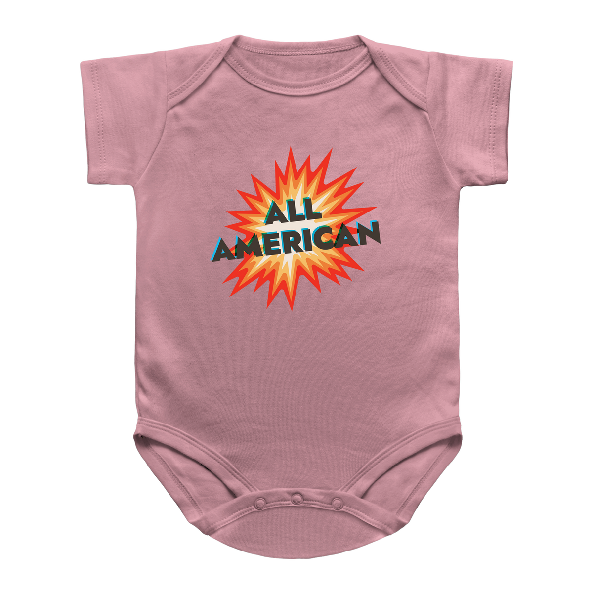 A fourth of july pink short-sleeve infant bodysuit featuring a graphic print on the chest with a red, orange, and yellow firecracker design and the text &