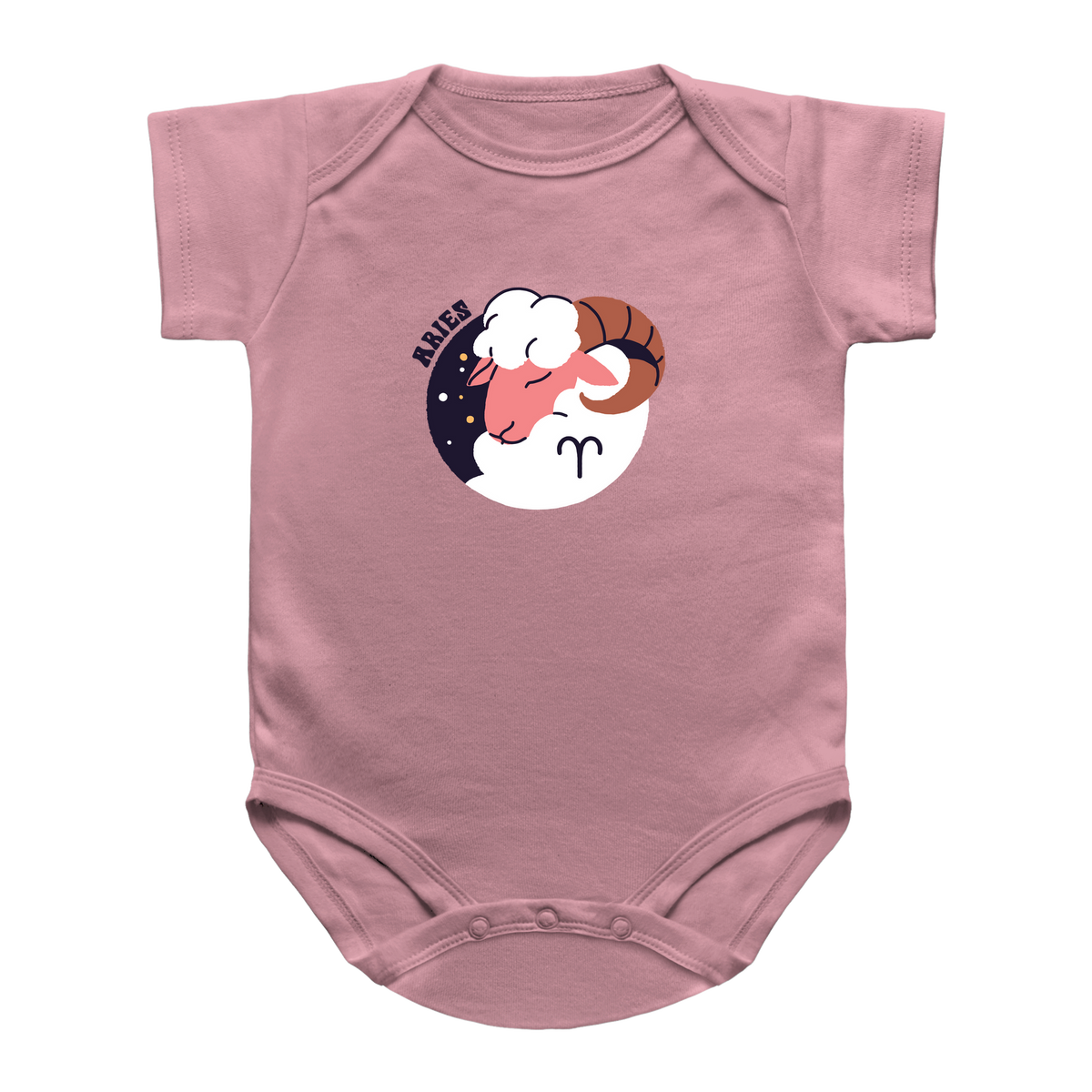 A pink short-sleeve infant baby bodysuit featuring a circular graphic of a ram&