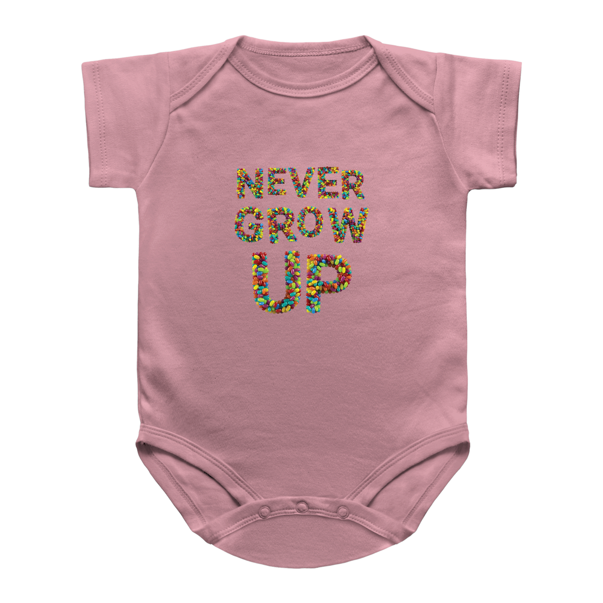 A dusty pink short-sleeve baby bodysuit with the phrase &