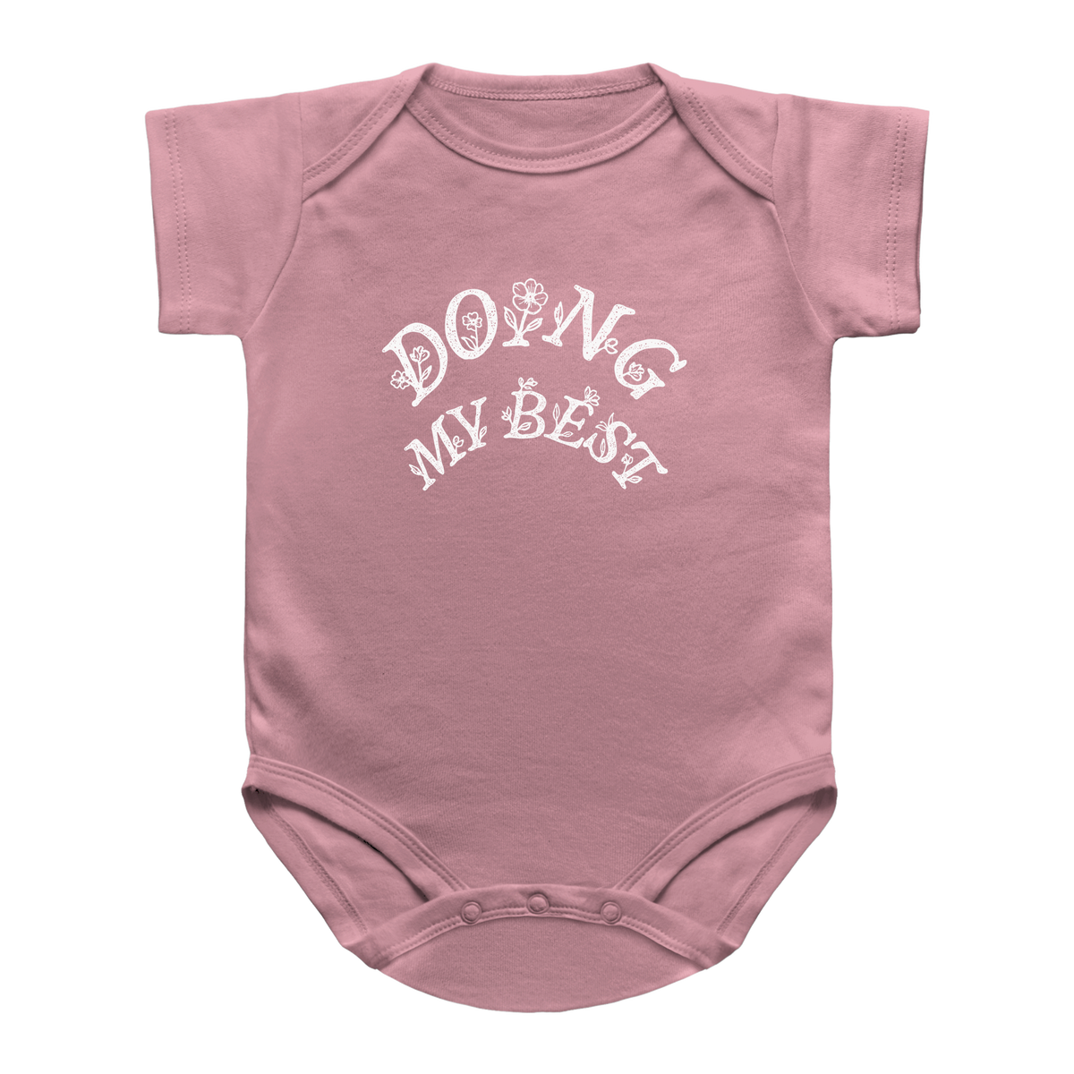 A pink short-sleeve infant bodysuit with &