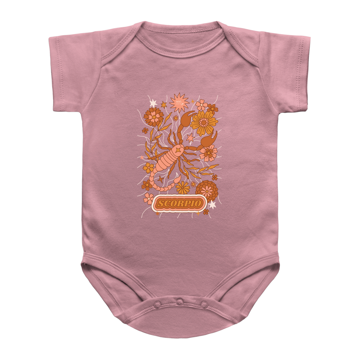 A pink infant short-sleeve baby bodysuit featuring a retro-style orange and yellow Scorpio astrology graphic with a scorpion.
