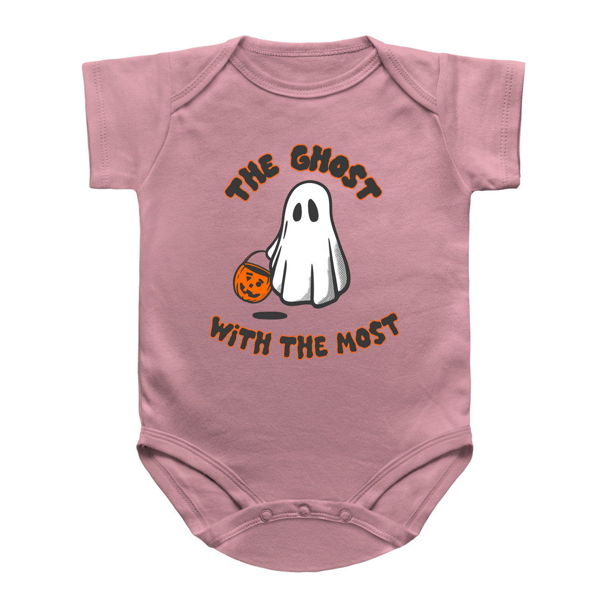 A pink baby bodysuit featuring a Halloween graphic of a white ghost holding an orange pumpkin, with the text &