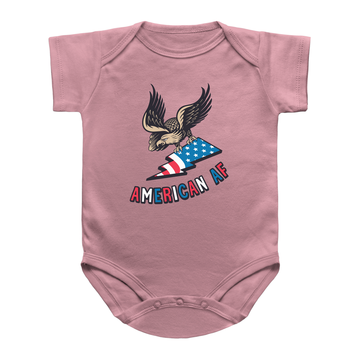 A pink short-sleeve infant onesie for 4th of July featuring a graphic of an eagle holding an American flag with the text &