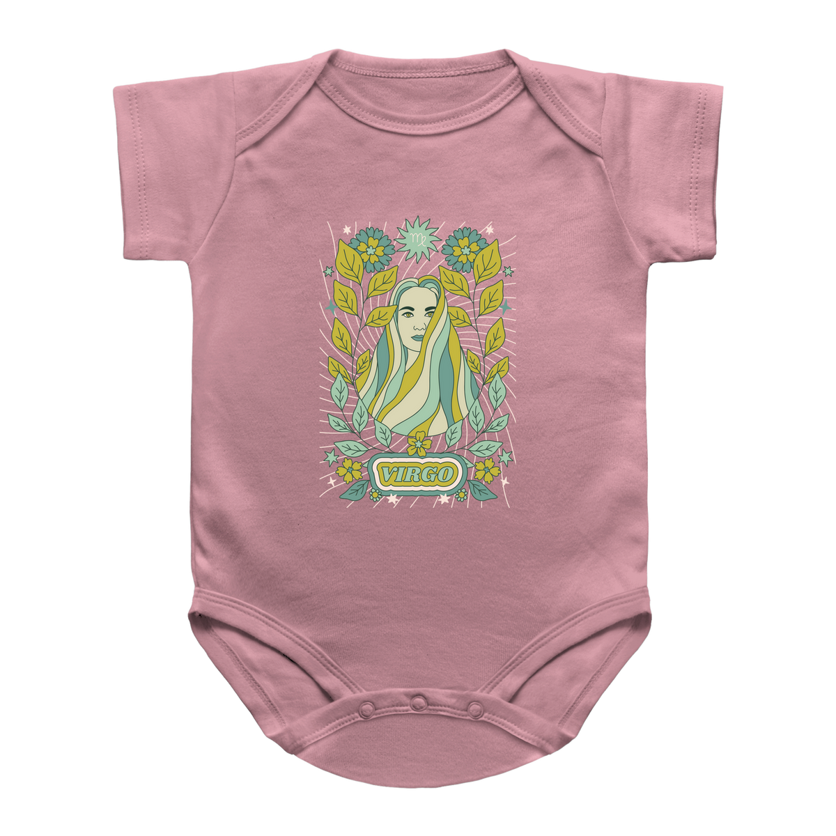 A pink infant onesie featuring a tarot graphic print of a Virgo-themed card illustration with the word &