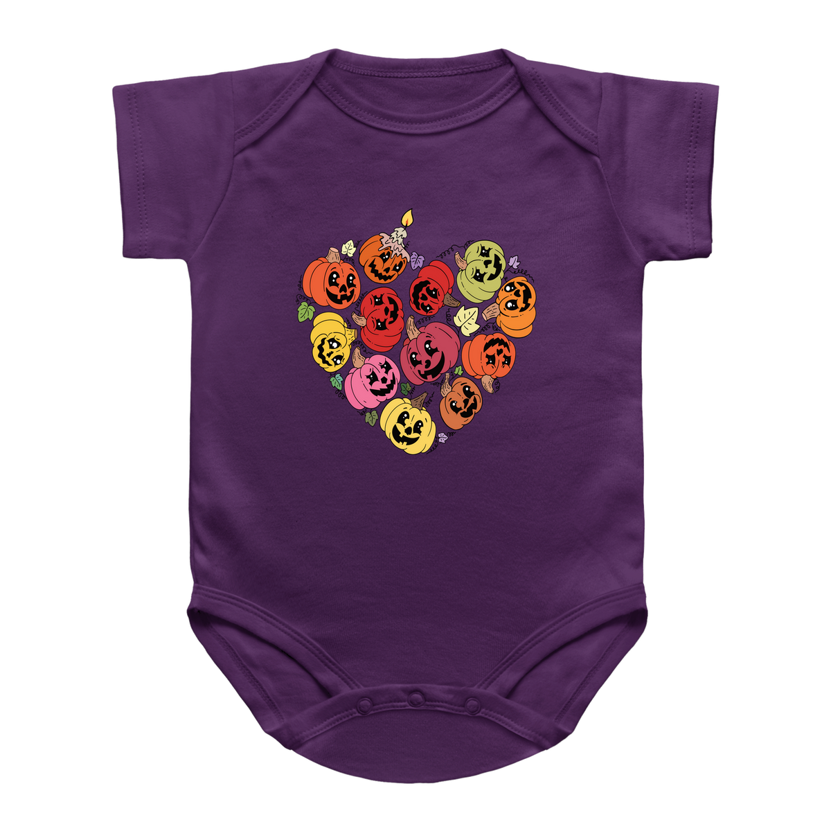 A purple baby onesie with a heart-shaped graphic of Halloween jack-o&