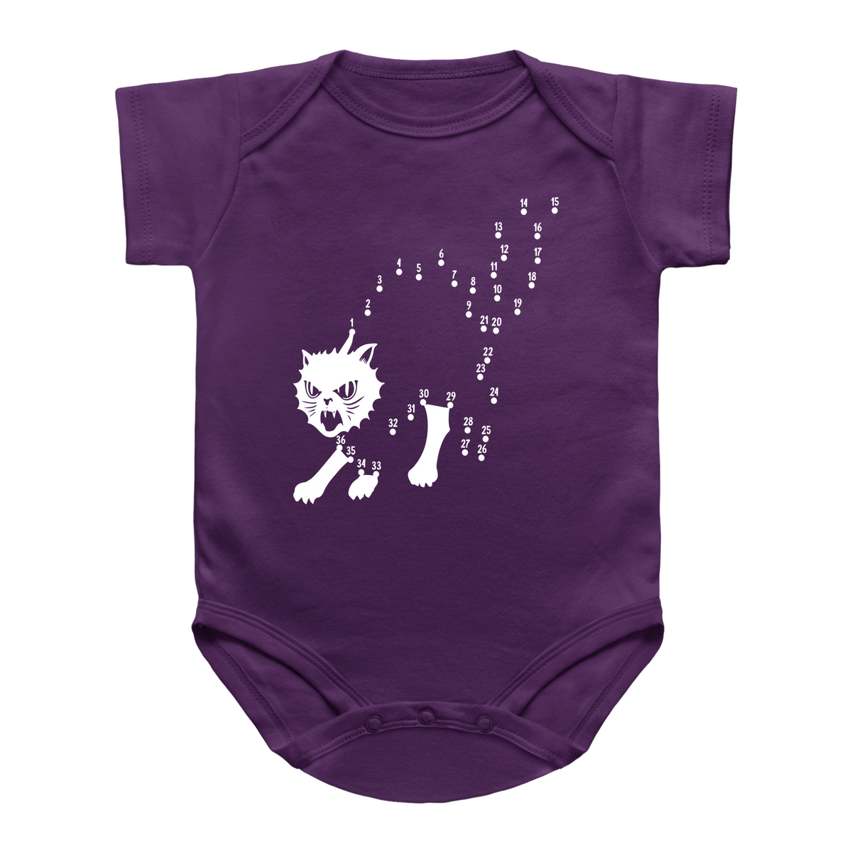A purple Halloween short-sleeve baby onesie featuring a connect-the-dots graphic of a cat&