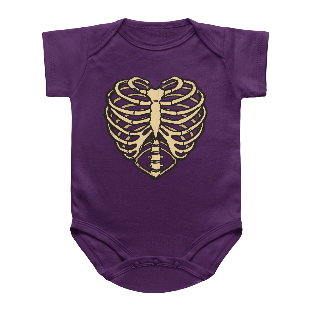 A purple short-sleeve infant onesie featuring a gold-colored heart rib cage graphic on the chest, displayed against a solid white background.