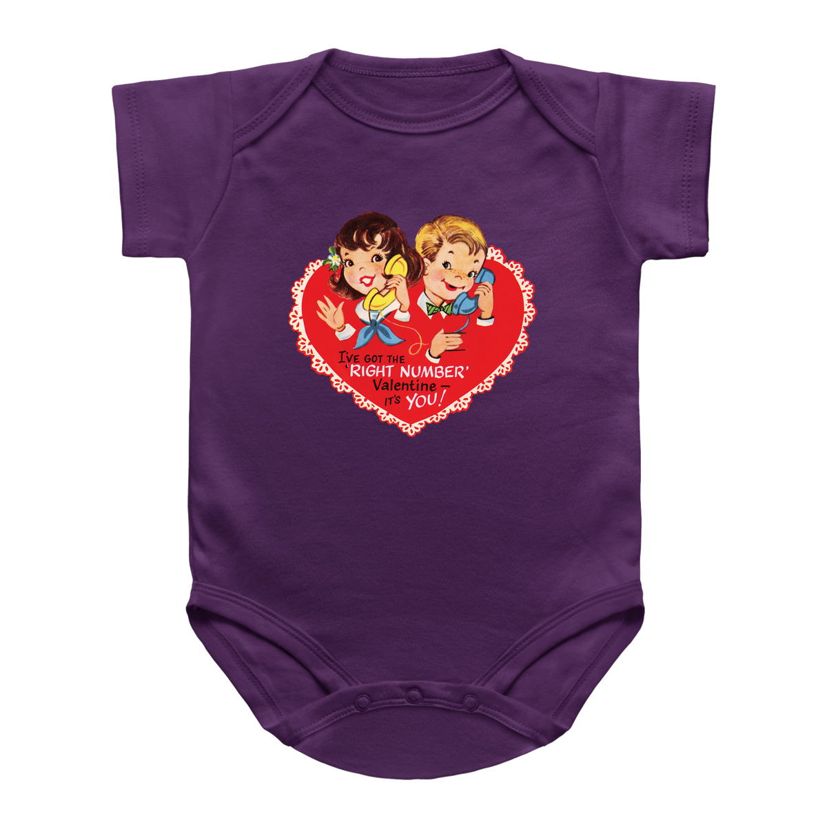 A purple infant bodysuit featuring a retro-style red heart graphic on the chest with cartoon characters and the text &