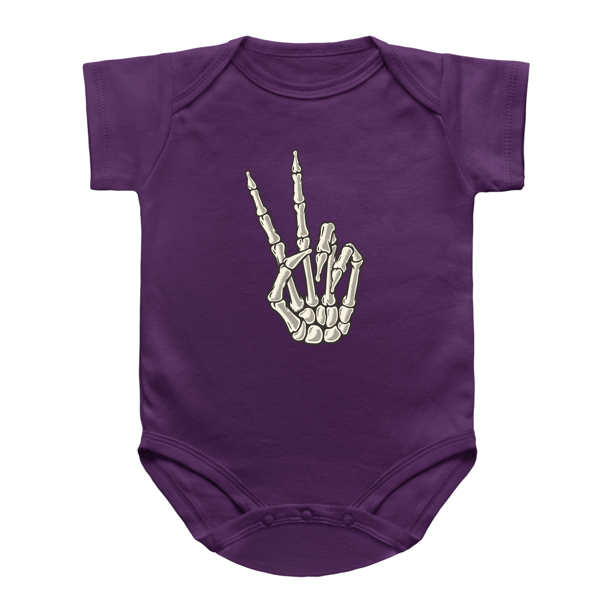 A purple short-sleeve infant onesie featuring a graphic of a skeletal hand making the peace gesture on the chest, for Halloween holiday.