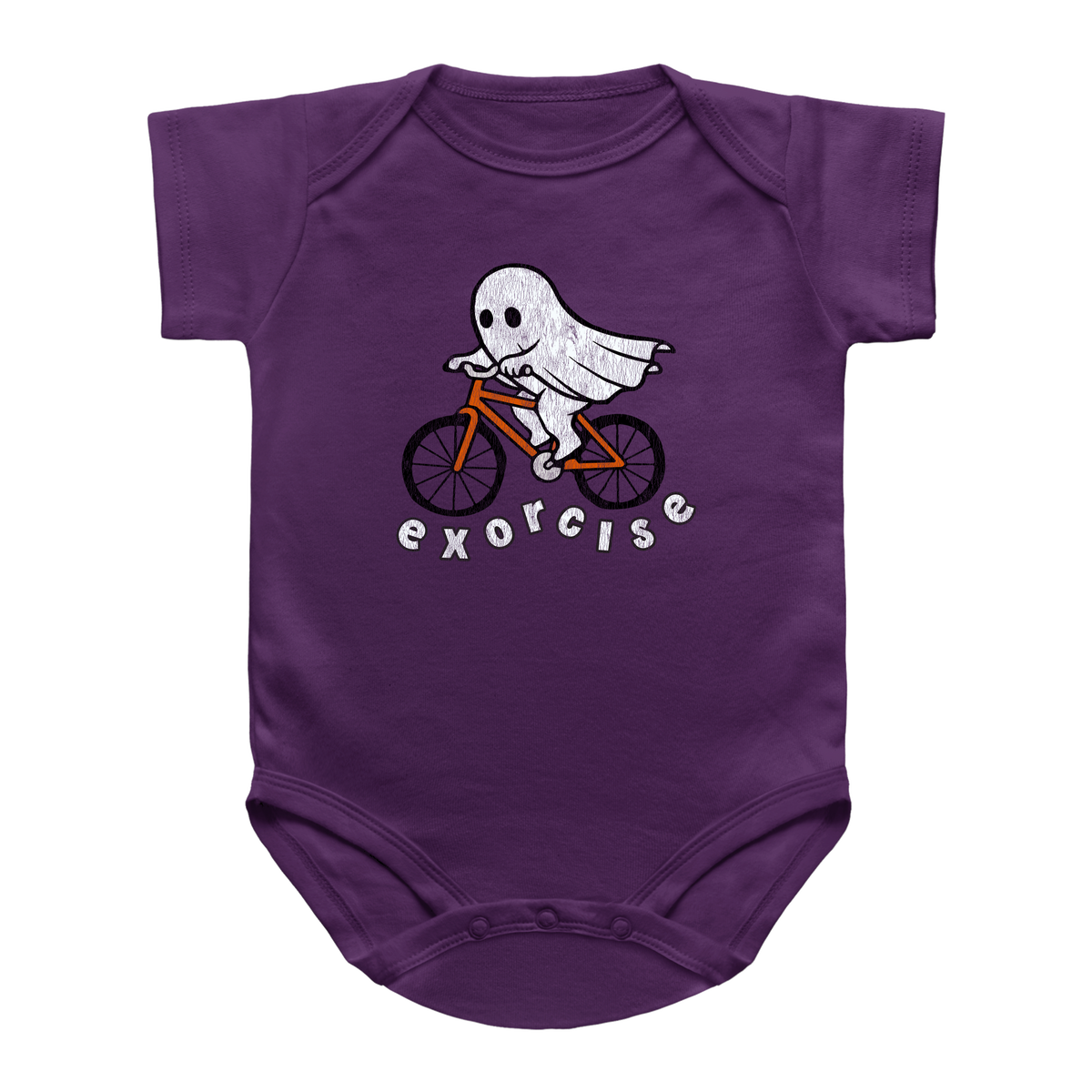 A purple short-sleeve infant onesie featuring a cartoon ghost riding a bicycle with the word &
