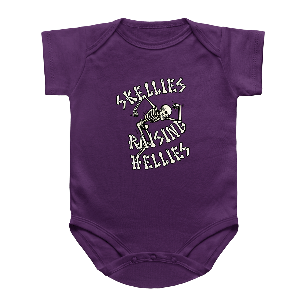 A purple short-sleeve baby bodysuit with a graphic print on the chest featuring a skeleton and the text &