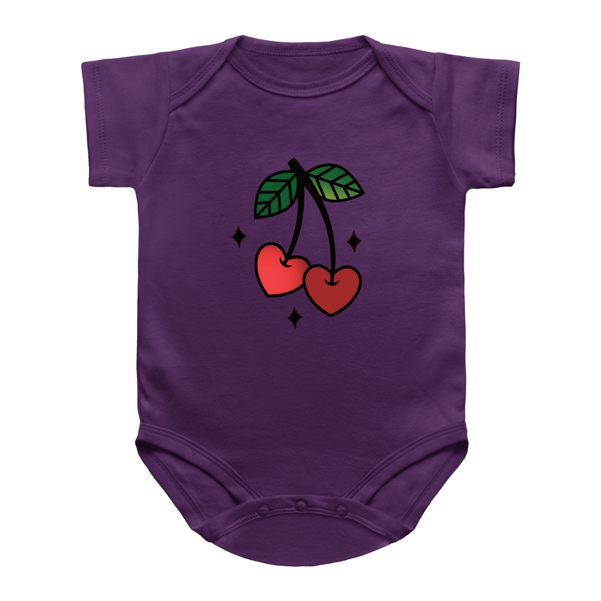 A purple short-sleeve baby bodysuit featuring a graphic of two red cherries with green leaves and black stems on the chest, displayed against a solid white background, for Valentine&