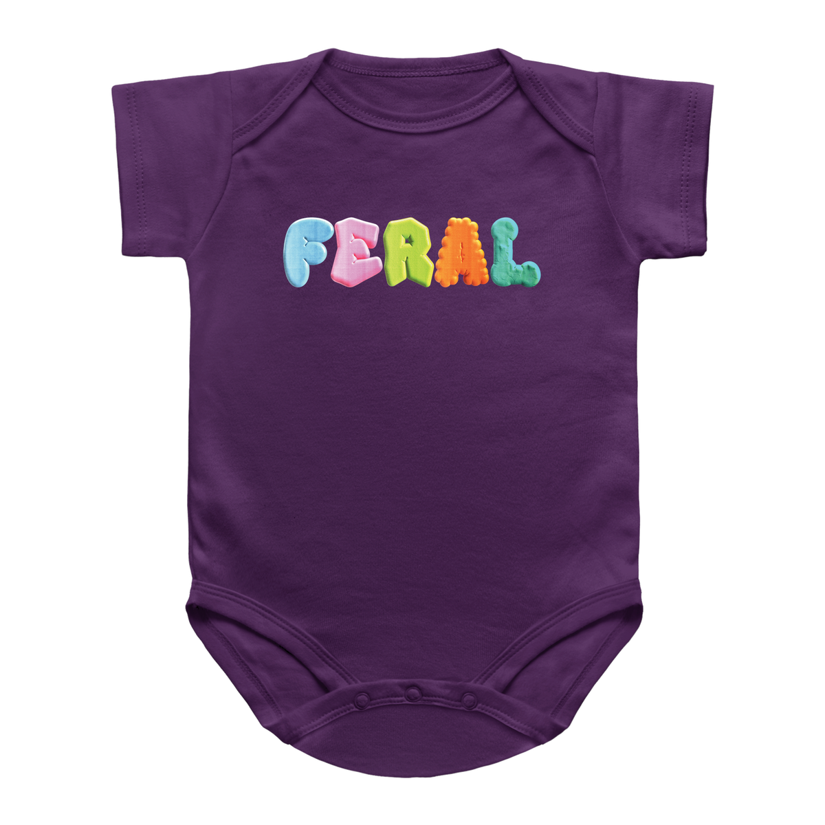 A purple short-sleeve baby onesie featuring the word &