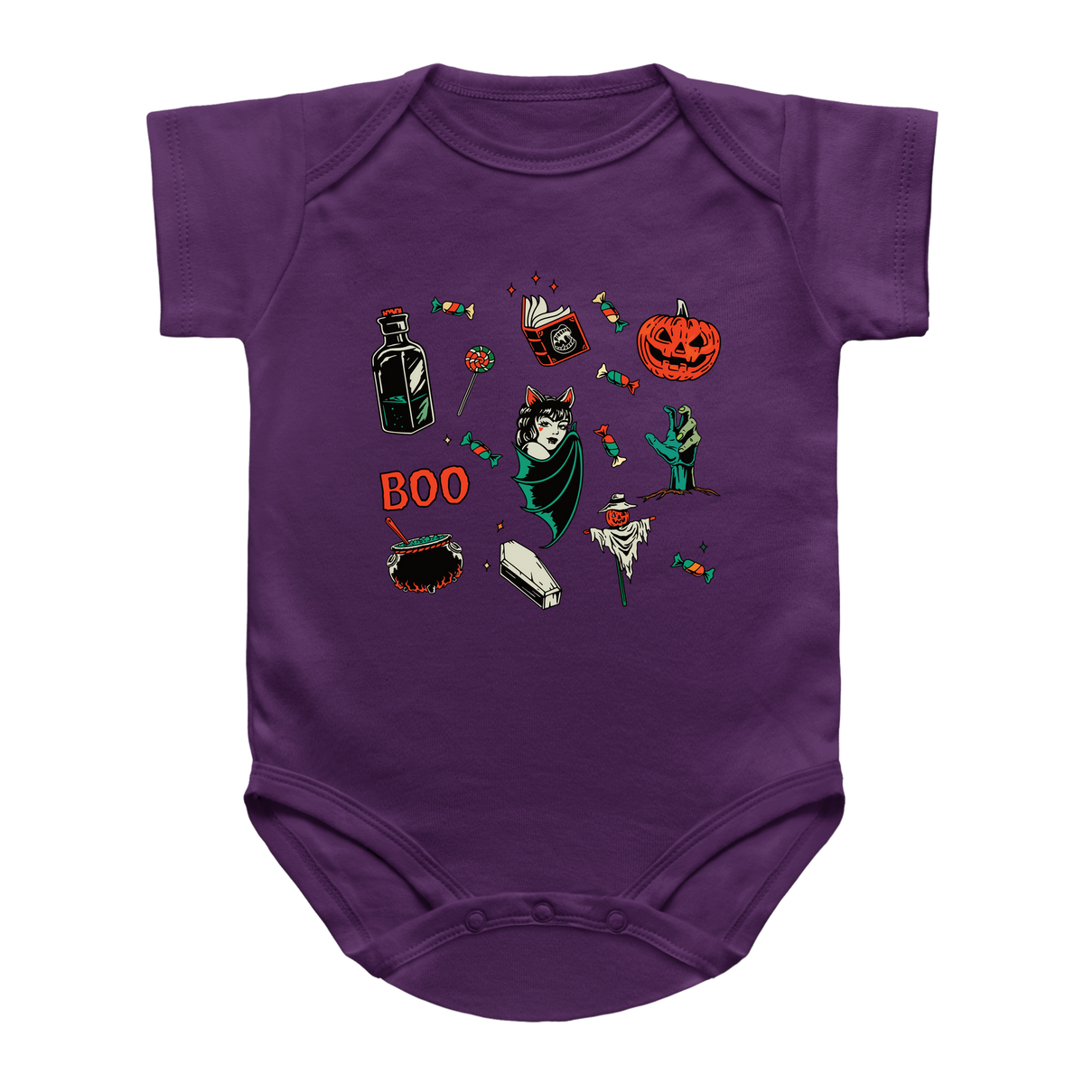 A purple short-sleeve infant onesie with various Halloween-themed graphics of a jack-o&