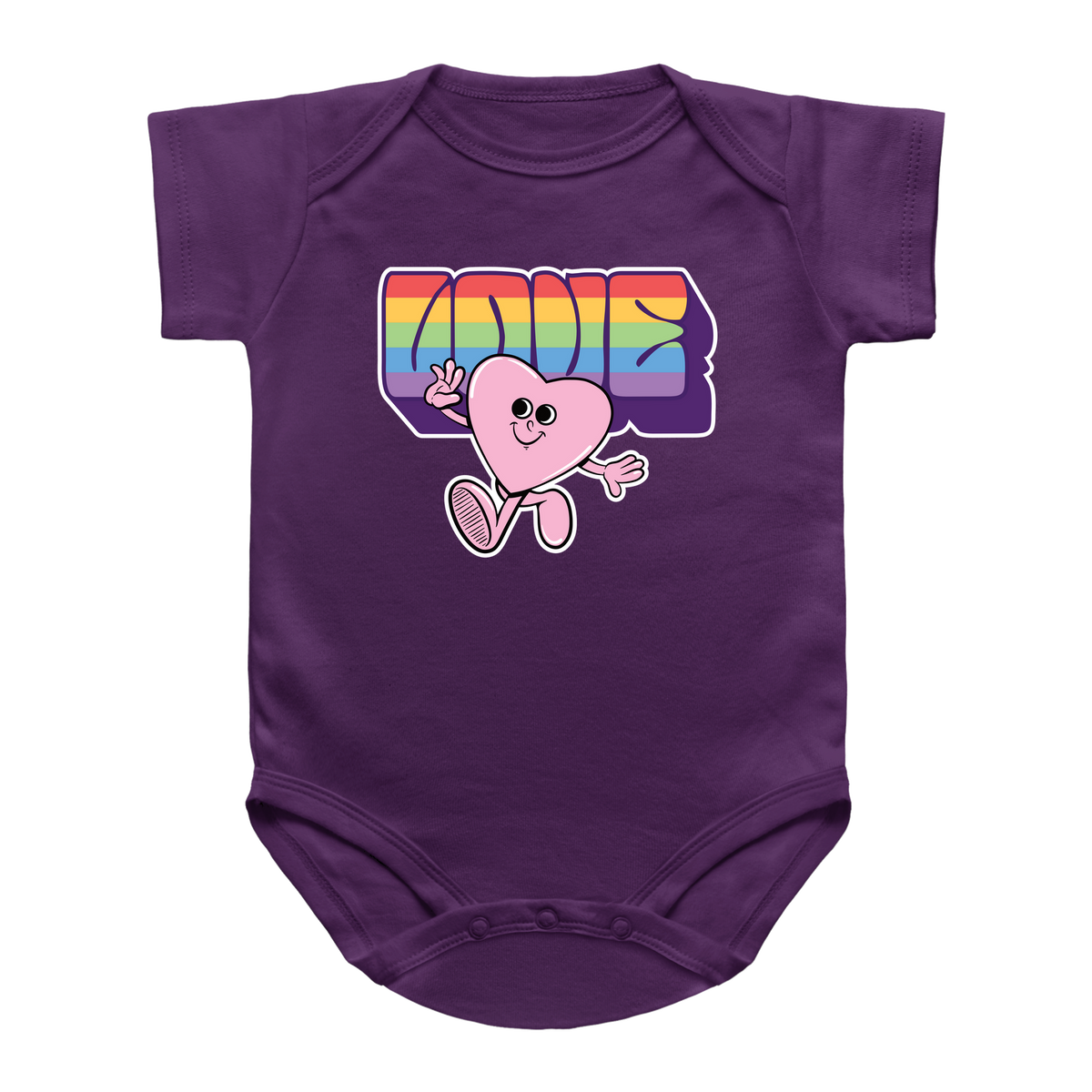 A purple short-sleeve infant onesie featuring a colorful graphic on the chest with the word &