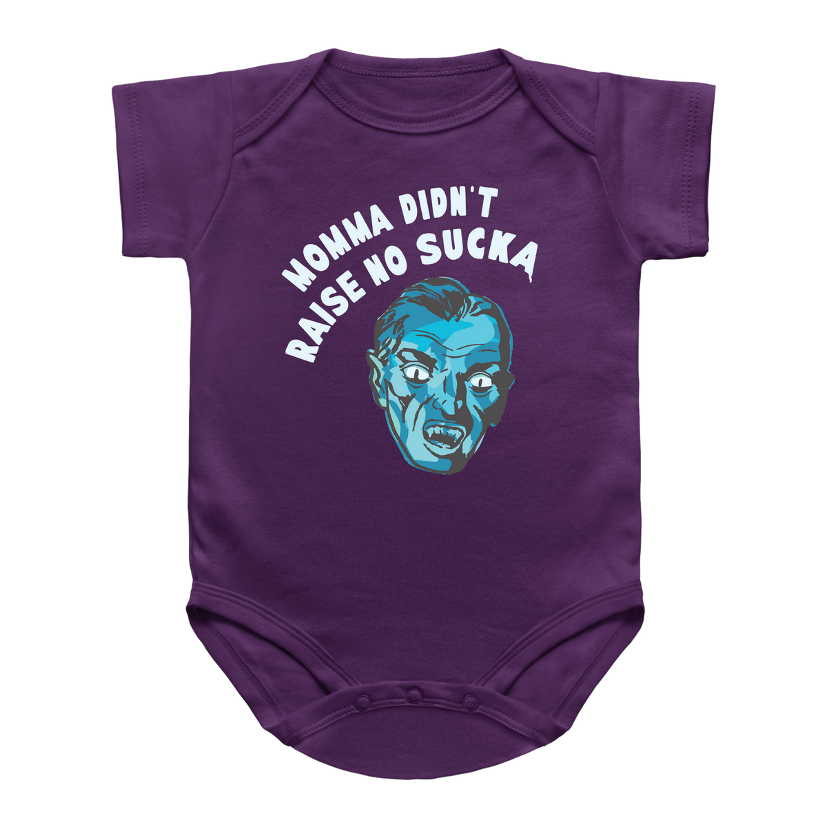 A purple short-sleeve infant bodysuit featuring a graphic of a Halloween vampire that reads &