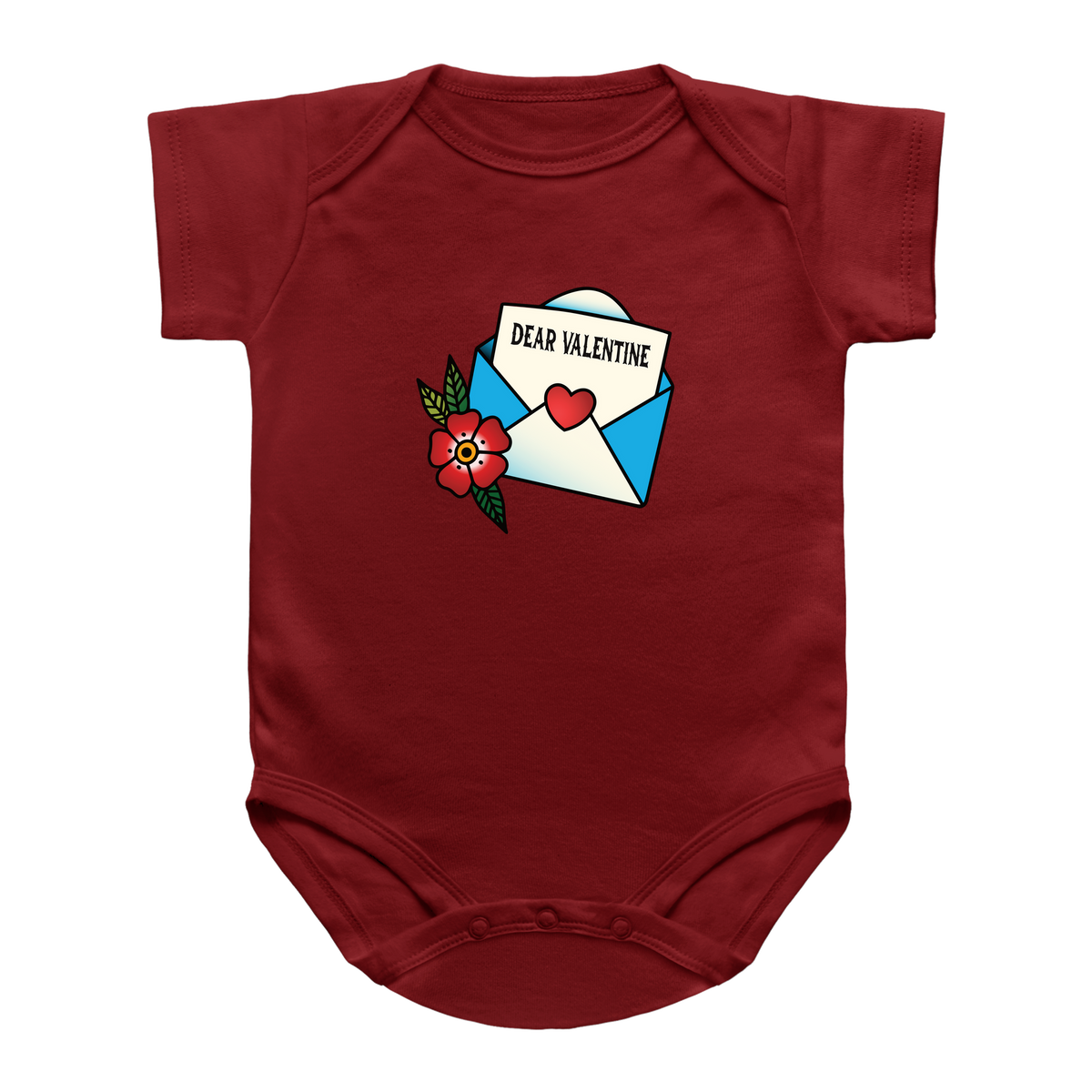 A red infant onesie with a graphic on the chest depicting a red flower, a blue and white envelope, and a card that reads &